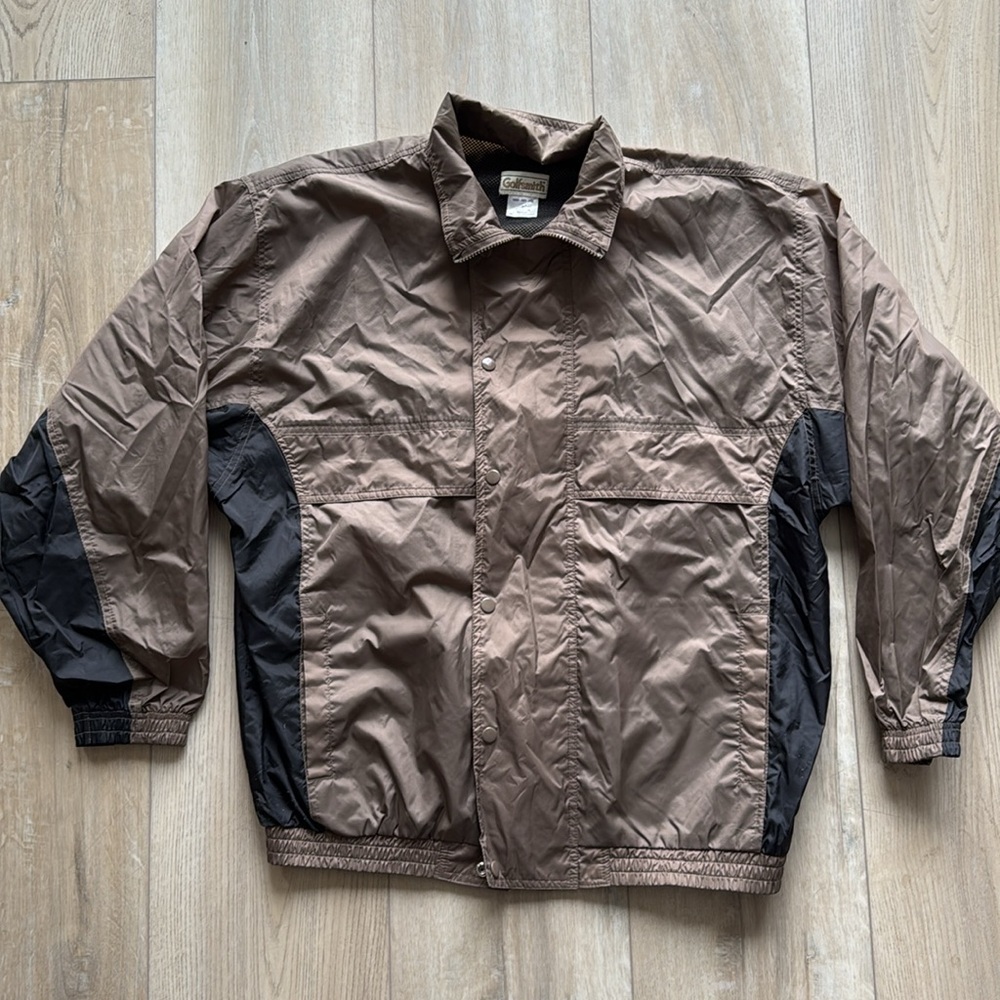 Vintage Golfsmith Golf Nylon Vented Windbreaker‎ Jacket Brown/Black Men's Lg EUC